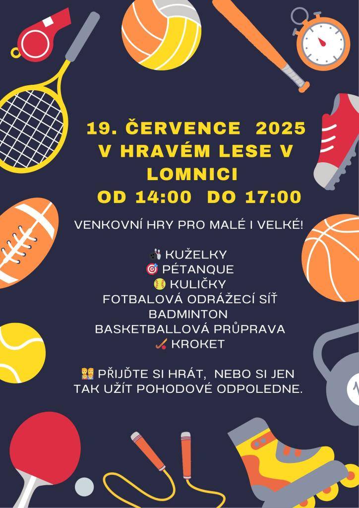 Přijďte si užít odpoledne plné her a zábavy v Lomnici! Venkovní aktivity jsou určeny pro malé i velké, na programu jsou kuželky, pétanque, kuličky a další sportovní disciplíny.