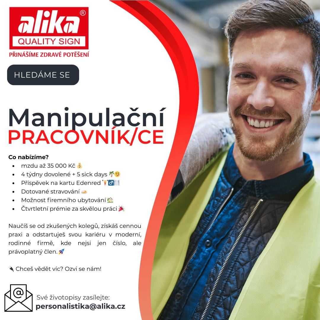 Firma ALIKA nabízí pracovní místo na pozici manipulační pracovník/ce. Mzda až 35.000,- Kč. Životopisy zasílejte na personalistika@alika.cz.