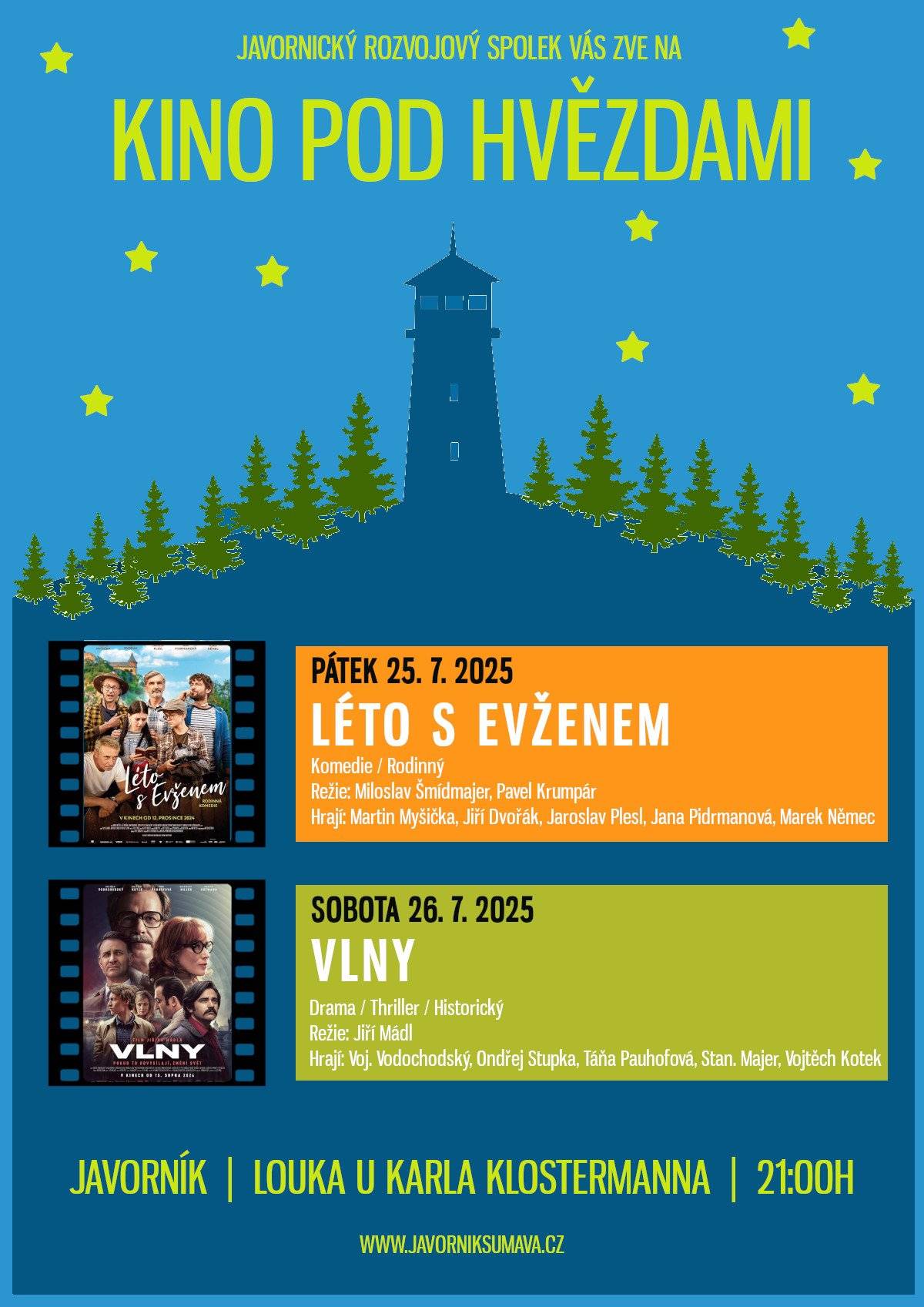 Javornický rozvojový spolek zve na promítání pod hvězdami 25. a 26. 7. 2025 - louka u sochy Karla Klostermanna.