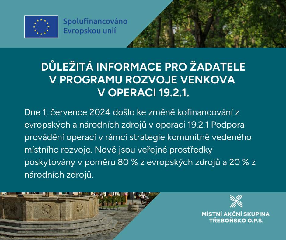 Dne 1. července 2024 došlo ke změně kofinancování z evropských a národních zdrojů v operaci 19.2.1 Podpora provádění operací v rámci strategie komunitně vedeného místního rozvoje. Nově jsou veřejné prostředky poskytovány v poměru 80 % z evropských zdrojů a 20 % z národních zdrojů.