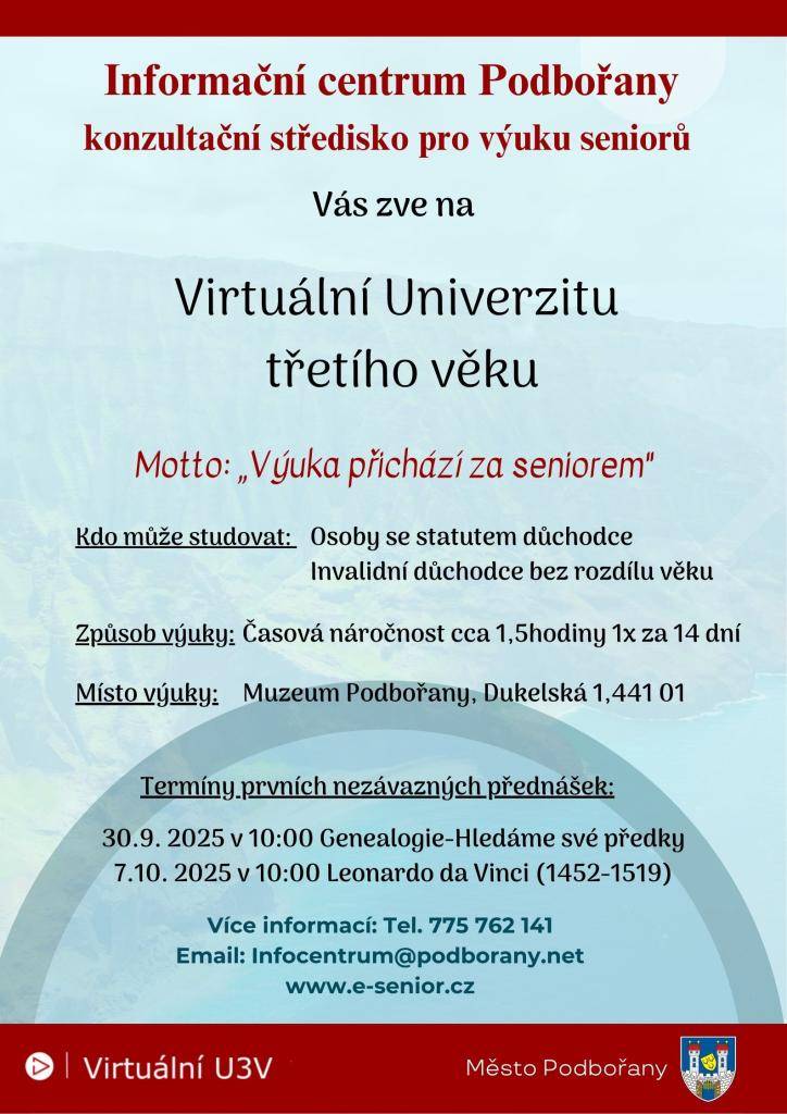 Informační centrum Podbořany oznamuje zahájení zimního semestru Univerzity třetího věku v podbořanském muzeu na školní rok 2025/2026 a přivítá nové zájemce o studium. Informace v IC Podbořany, Dukelská 1 nebo tel: 775 762 141