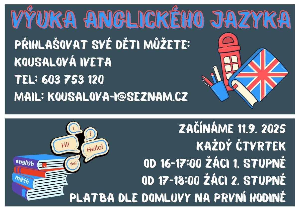 Od září se otevírá kroužek angličtiny pro žáky základních škol. Výuka bude probíhat v klubovně KD Dřetovice.