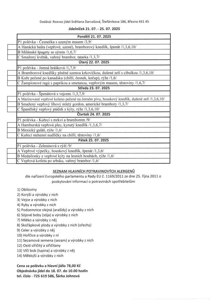 Cena za polévku a hlavní jídlo je 78,-Kč. V případě zájmu objednaní obědů občanů Lužic a Svinčic volejte do 18. 7. do 10hod. na tel. č.: 725 619 586 Johnová Š.
