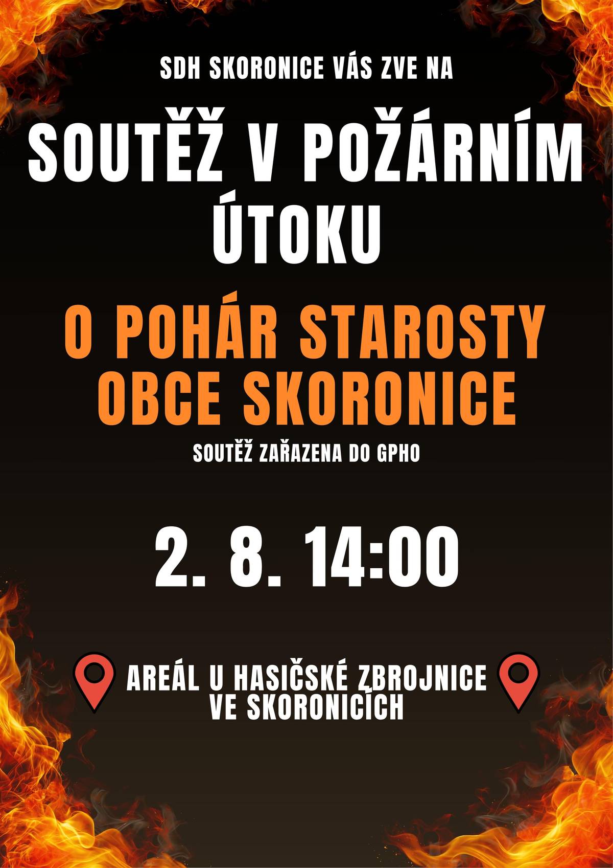SDH Skoronice vás zve na I. ročník soutěže "O pohár starosty obce Skoronice" v požárním útoku, která je po 21 letech znovu zařazena do seriálu Grandprix Hodonín. Soutěž se uskuteční v sobotu 2. sprna 2025 od 14:00 hod. v areálu u hasičské zbrojnice ve Skoronicích. Přijdte poměřit síly s těmi nejlepšími z okresu Hodonín, a to na trati, která je mírně z kopce. Soutěžit se bude v kategoriích muži, ženy a smíšený dorost. Připraveno bude také bohaté občerstvení! Tešíme se na vás!