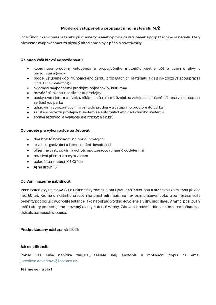 Prodejce vstupenek  Recepční - vrátný