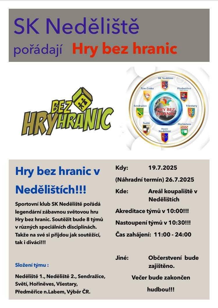 Již zítra se uskuteční historicky první ročník Her bez hranic. O vítězný pohár se utkají smíšené týmy ze spřátelených sousedních obcí. Náš skvělý hořiněvský tým reprezentují stateční odvážlivci: Jana Fejková, Petra Součková, Katarína Praženicová, Barbora Hojdová, Michal Klapal, Aleš Pejcha, Tomáš Paleček, Aleš Černý a náhradnice Šárka Jindrová. Ti všichni budou potřebovat velikánskou podporu. Kdo chcete a můžete přijet fandit a podpořit náš tým, dostavte se prosím v sobotu 19.7. v 11:00 do Nedělišť. Pokud máte zájem o zajištění dopravy, dejte nám vědět. Tel. 723 035 424.