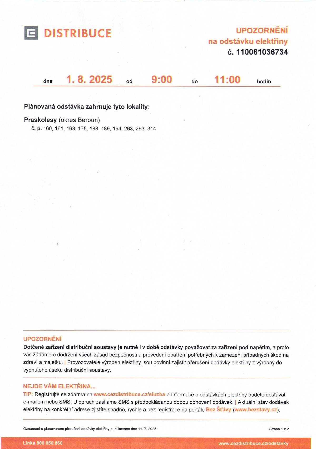Plánovaná odstávka elektřiny dne 1. 8. 2025.