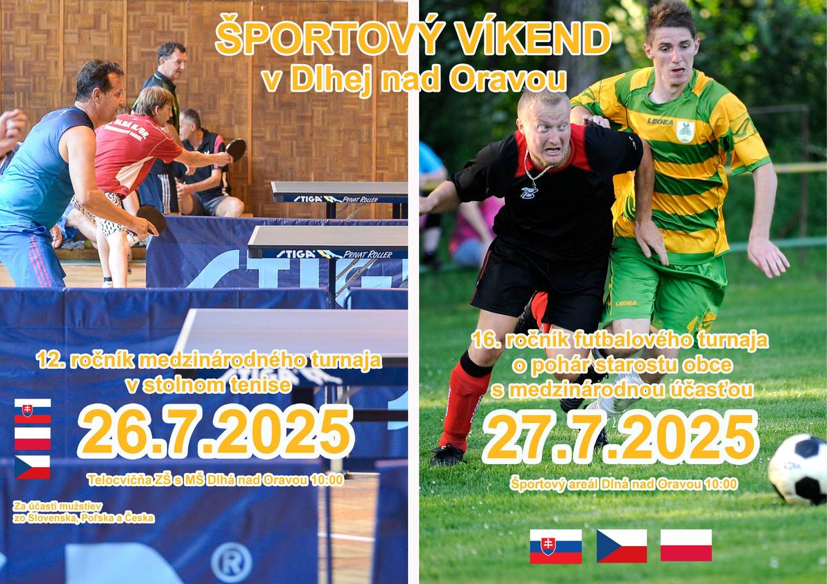 Vážení športoví priatelia. Športový víkend v Dlhej nad Oravou ponúkne stolný tenis aj futbal s medzinárodnou účasťou Obec Dlhá nad Oravou pozýva všetkých milovníkov športu na Športový víkend, ktorý sa uskutoční 26. a 27. júla 2025. Podujatie s bohatou tradíciou priláka aj tento rok účastníkov zo Slovenska, Česka a Poľska. V sobotu 26. júla sa v telocvični ZŠ s MŠ Dlhá nad Oravou uskutoční 12. ročník medzinárodného turnaja v stolnom tenise, ktorý začne o 10:00 hod. Návštevníci sa môžu tešiť na napínavé zápasy hráčov z viacerých krajín a priateľskú športovú atmosféru. V nedeľu 27. júla bude športové dianie pokračovať na futbalovom ihrisku. Od 10:00 sa odohrá 16. ročník futbalového turnaja o pohár starostu obce, taktiež s medzinárodnou účasťou. Neváhajte a príďte podporiť športovcov a užiť si víkend plný pohybu, súťaživosti a dobrej nálady!
