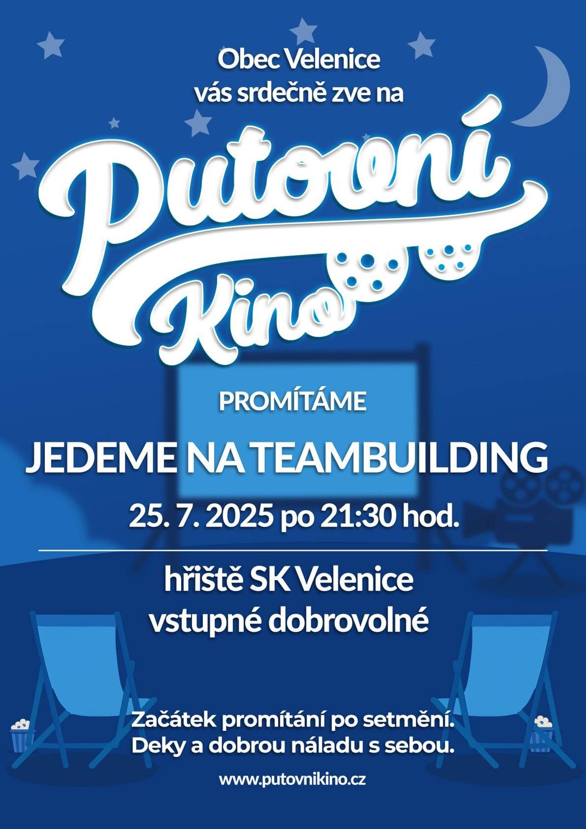 OÚ Velenice zve na letní kino na film Jedeme na teambuilding v pátek 25.7.2025 po 21,30 h hod. na hřišti SK Velenice. Vstupné dobrovolné. Deky a dobrou náladu s sebou.