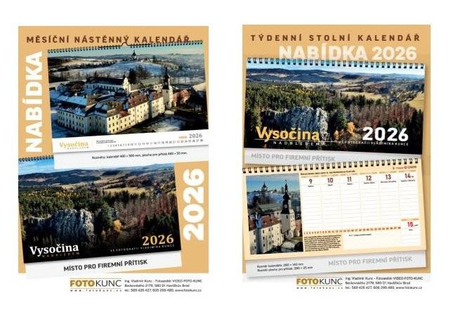 Zprostředováváme nabídku na stolní a nástěnné kalendáře VYSOČINA NADHLEDEM 2026 s fotografiemi Vladimíra Kunce.  Cena stolního kalendáře: 65 Kč + DPH Cena nástěnného kalendáře: 115 Kč + DPH  Objednávky:  VIDEO-FOTO-KUNC tel. 569 426 427 Ing. Vladimír Kunc 606 299 489 video-kunc@email.cz www.fotokunc.cz