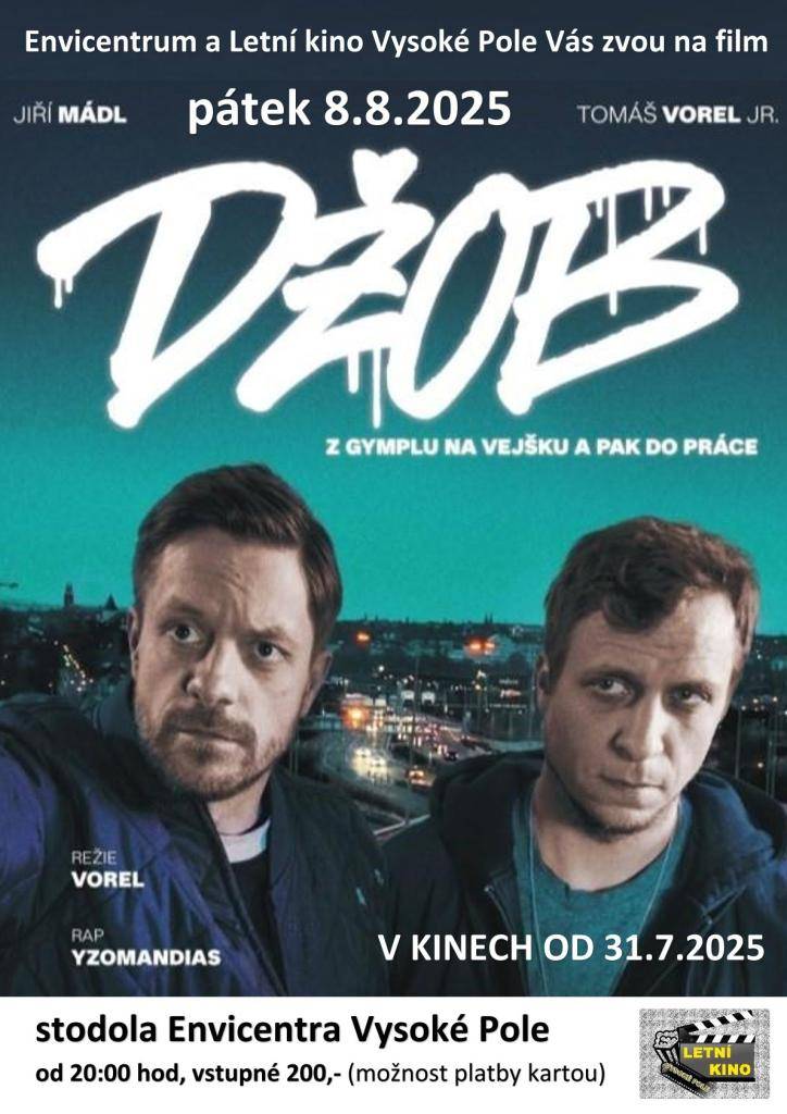 A Garfieldem nám den končit nebude... Po dětském kině budeme pokračovat!  V pátek 8. 8. 2025 od 20:00 pro Vás Letní kino Vysoké Pole přichystá pokračování Gymplu a Vejšky s Tomášem Vorlem ml. a Jiřím Mádlem. Závěrečnou část trilogie s názvem DŽOB.