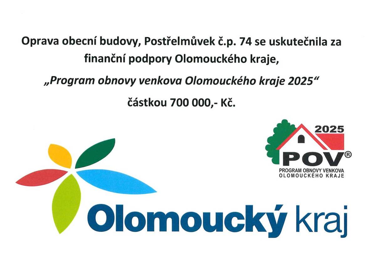 Další investiční akcí v pořadí je oprava vnějšího pláště obecní budovy na adrese Postřelmůvek č.p. 74, v rámci které, bude provedena výměna střešní krytiny, zateplení fasády s vrstvou probarvené omítky, výměna stávajících dřevěných oken za plastová a montáž nového hromosvodu.