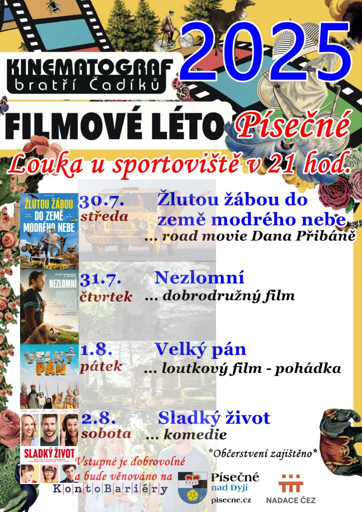 Opět tu budeme mít od 30.7. na čtyři dny Kinematograf bratří Čadíků s pěknými filmy.   Těšíme se na Vás!  Výborné občerstvení bude jako vždy připraveno.