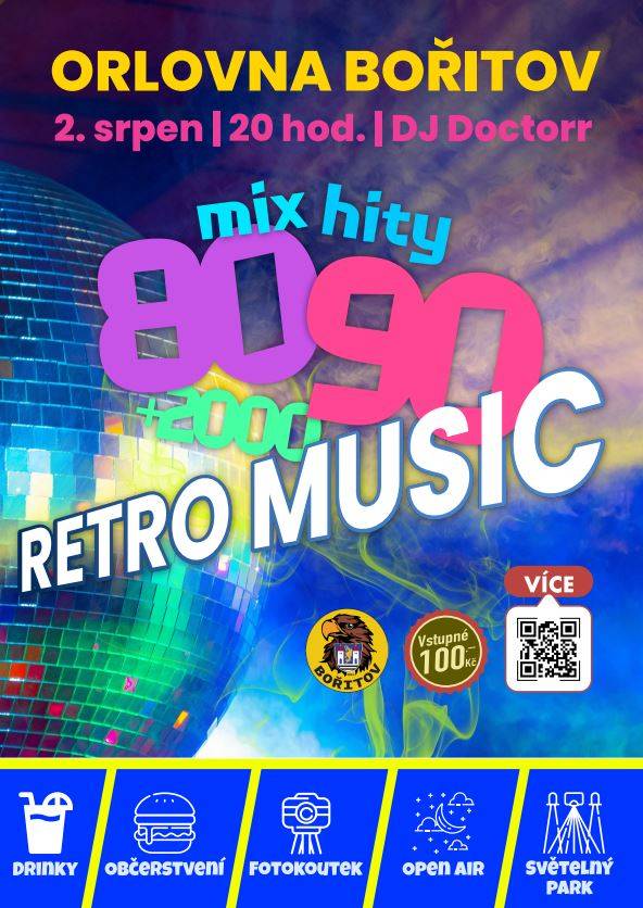 Diskotéka pod širým nebem v Bořitově! Orel jednota Bořitov srdečně zve na 2. ročník RETRO music night.  Retro diskotéka pod širým nebem, našlapaná těmi největšími hity ????80. | 90. a 2000 let se uskuteční v sobotu 2.8.2025 od 20 hodin na Orlovně v Bořitově.  ????hraje DJ Doctor, připravena bude velkolepá světelná show, stylový fotokoutek, bohatá nabídka baru včetně míchaných nápojů,   ale také skvělé občerstvení a hlavně obří porce zábavy.   Odměna pro příchozí ve stylových převlecích a maskách!  Vstupné 100,- Kč  Těšíme se na Vaši účast.  V případě nepříznivého počasí sledujte prosím aktuální infromace na FB události této akce.