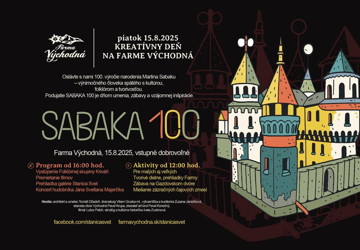 Oslávte s nami 100. výročie narodenia Martina Sabaku - výnimočného človeka spätého s kultúrou, folklórom a tvorivosťou.  Podujatie pod názvom SABAKA 100 je dňom umenia, zábavy a vzájomnej inšpirácie.