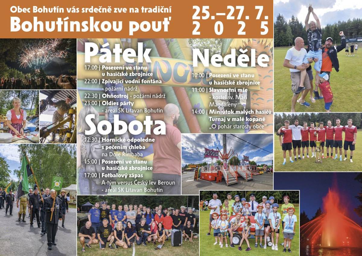 Od pátku 25. do 27. 7. 2025 nás čeká nabitý pouťový program.  Všichni jste srdečně zváni na všechny části programu.