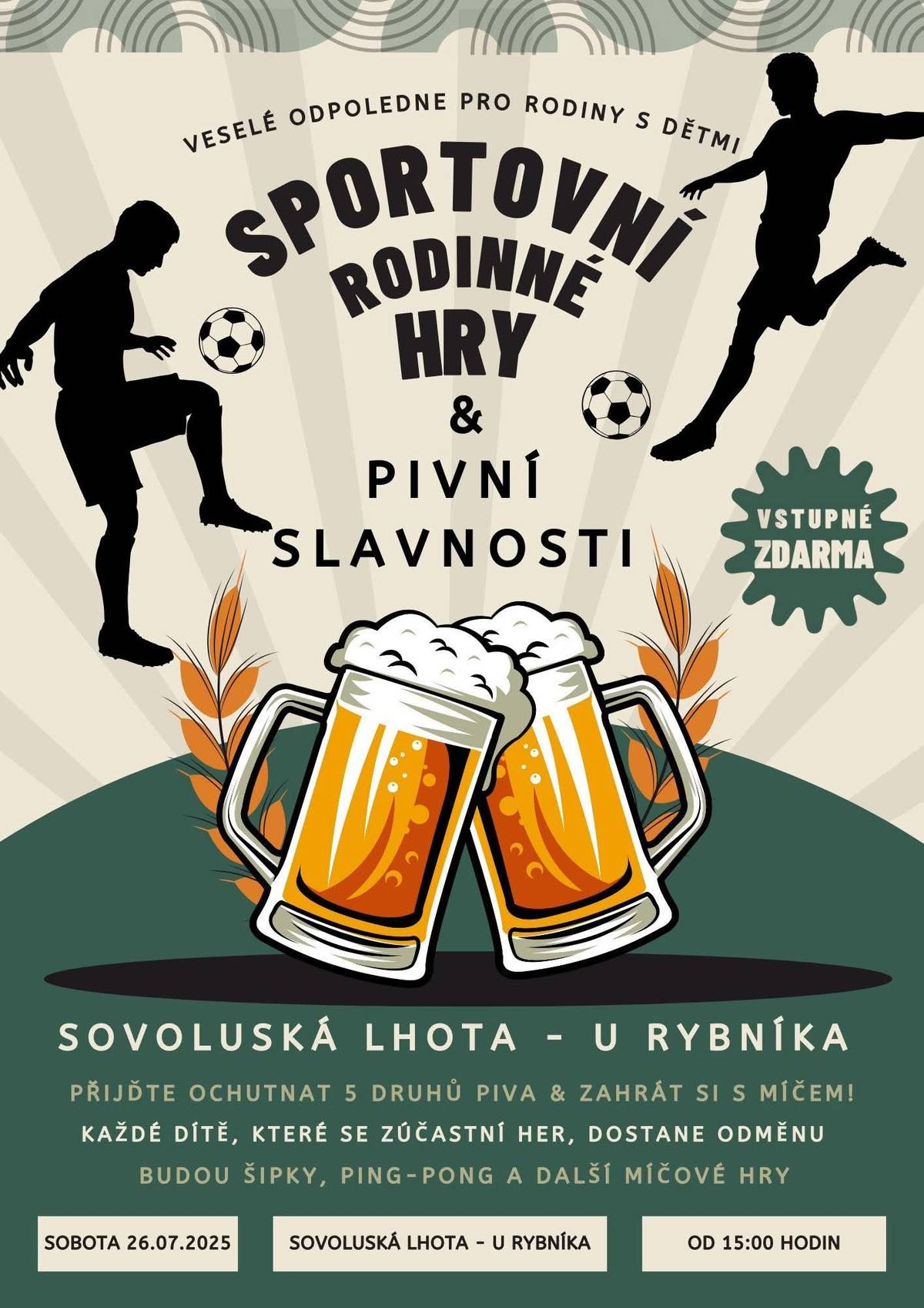 Chataři z Osady hněvu Vás srdečně zvou na Sportovní rodinné hry a pivní slavnosti. Akce se bude konat dne 26.7.2025 od 15:00 u rybníka V Sovoluské lhotě. Vstupné zdarma.