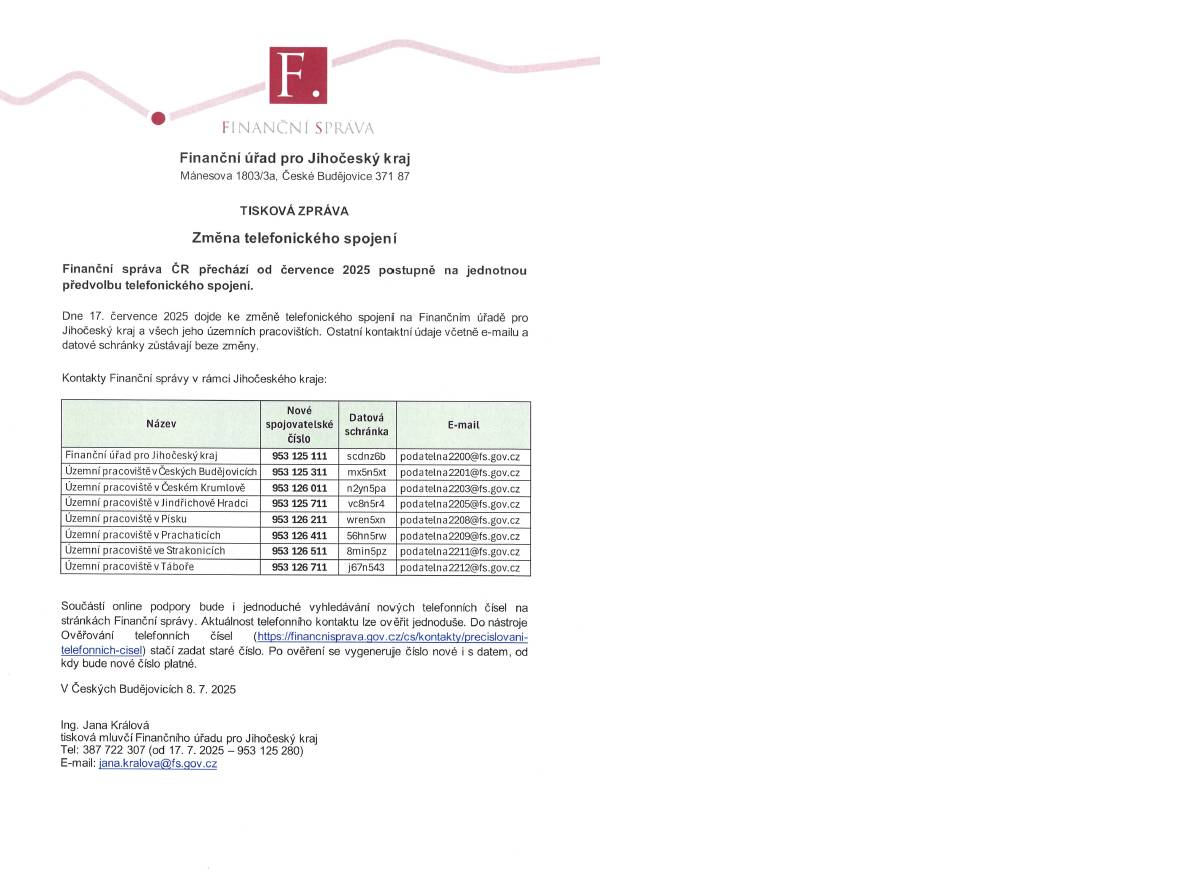 Změna telefonních čísel