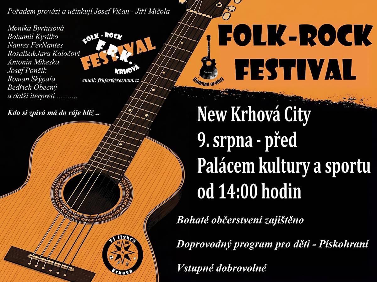 Ahoj všichni členové a přátelé Facebookové skupiny Hudební ozvěny! Máme pro vás úžasnou zprávu! S radostí oznamujeme, že Hudební ozvěny ve spolupráci s TJ- Jiskra Krhová pro vás připravují historicky první Folk-Rockový Festival! Chystáme den plný skvělé hudby, pohodové atmosféry a nezapomenutelných zážitků, kde se ozvěny folku a rocku spojí v jedinečný hudební proud. Pro vaše maximální pohodlí bude samozřejmě připraveno bohaté občerstvení, a pro zábavu malých i velkých se můžete těšit také na pískohraní! Skvělá zpráva je, že vstupné je dobrovolné! Konat se bude v areálu Tj-Jiskra Krhová a to za každého počasí. Máte vlastní kapelu nebo jste talentovaný jednotlivec a rádi byste vystoupili na našem festivalu a podělili se o svou hudbu s publikem? Jste srdečně zváni! Přihlásit se můžete jednoduše formou SMS na telefonní číslo 606 020 044 nebo e-mailem na adresu frkfest@seznam.cz. Na stejné e-mailové adrese si také můžete rezervovat místa k sezení, abyste si festival užili v maximálním pohodlí! Těšíme se na vaši hojnou účast, na společné zpívání a nezapomenutelnou atmosféru! Pojďme společně rozeznít Krhovou! Vidíme se tam! Jiří Mičola