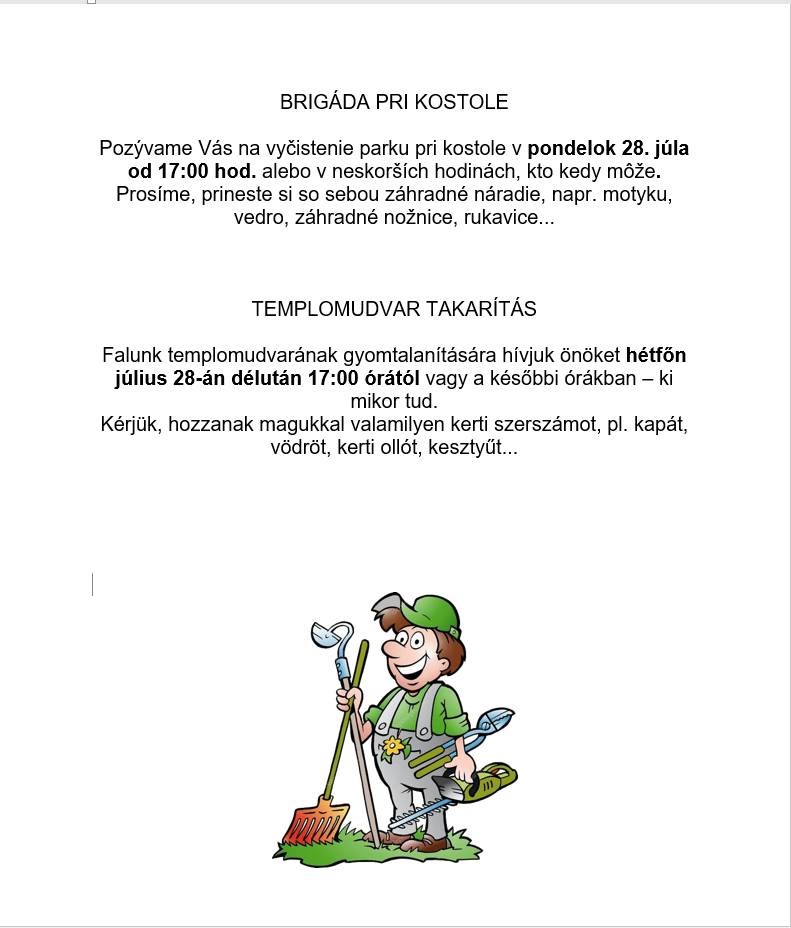 Pozývame Vás na vyčistenie parku pri kostole v pondelok 28. júla od 17:00 hod. alebo v neskorších hodinách, kto kedy môže.  Prosíme, prineste si so sebou záhradné náradie, napr. motyku, vedro, záhradné nožnice, rukavice...