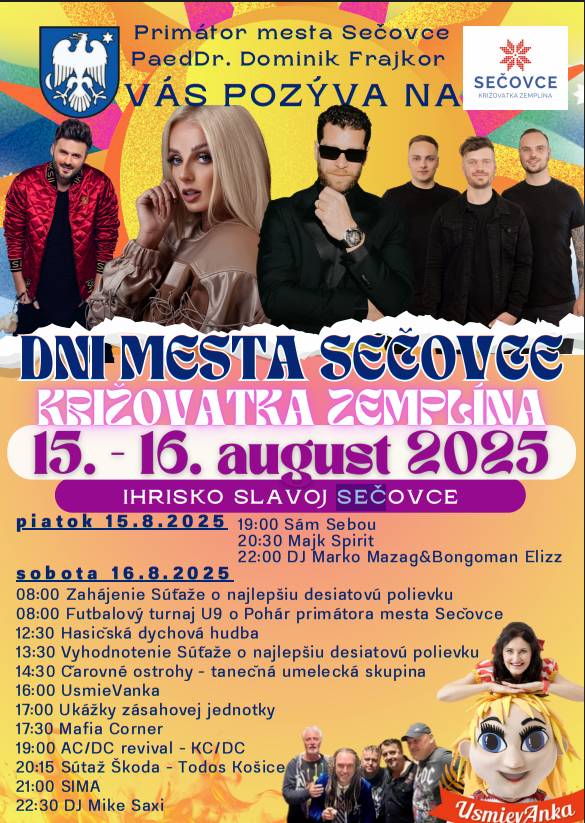 Mesto Sečovce srdečne pozýva všetkých obyvateľov a návštevníkov na Dni mesta, ktoré sa uskutočnia 15. - 16. augusta 2025. Počas dvoch dní sa môžete tešiť na bohatý program - rôzne akcie, koncerty a sprievodné podujatia.