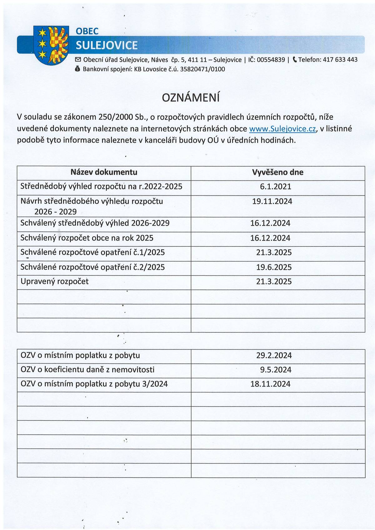 V souladu se zákonem 250/2000 Sb., o rozpočtových pravidlech územních rozpočtů, níže uvedené dokumenty v příloze naleznete v listinné podobě v kanceláři OÚ v úředních hodinách.