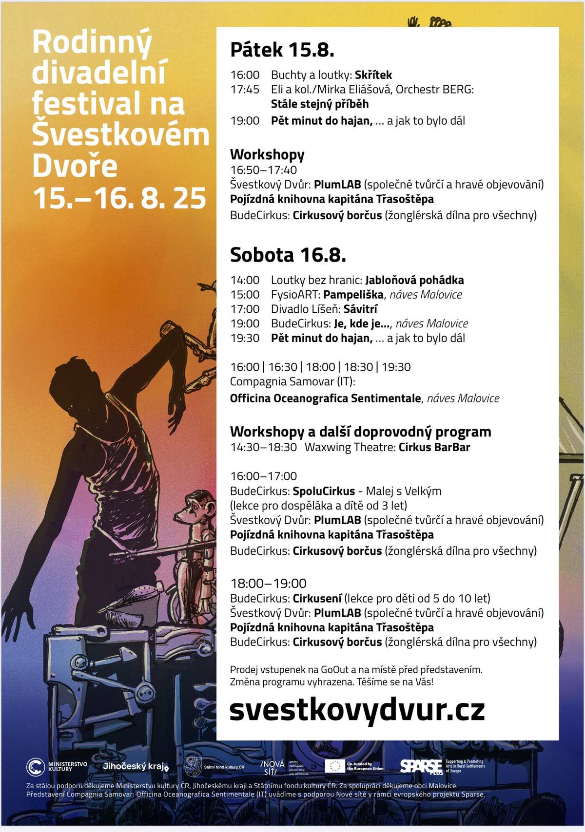 Rodinný festival na Švestkovém Dvoře 2025 Divadlo, nový cirkus, tanec, loutky,  dílny pro děti a dospělé 15.8. - 16.8.2025  Švestkový dvůr, Malovice 35