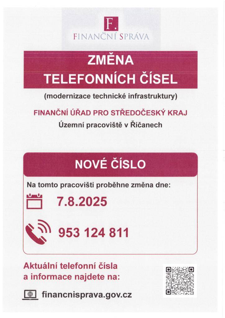 Finanční úřad - změna telefonních čísel