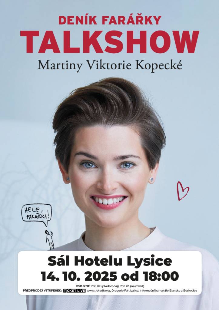 Talkshow Martiny Viktorie Kopecké Deník farářky se uskuteční 14. 10. 2025 od 18 hodin v sále Hotelu Lysice.