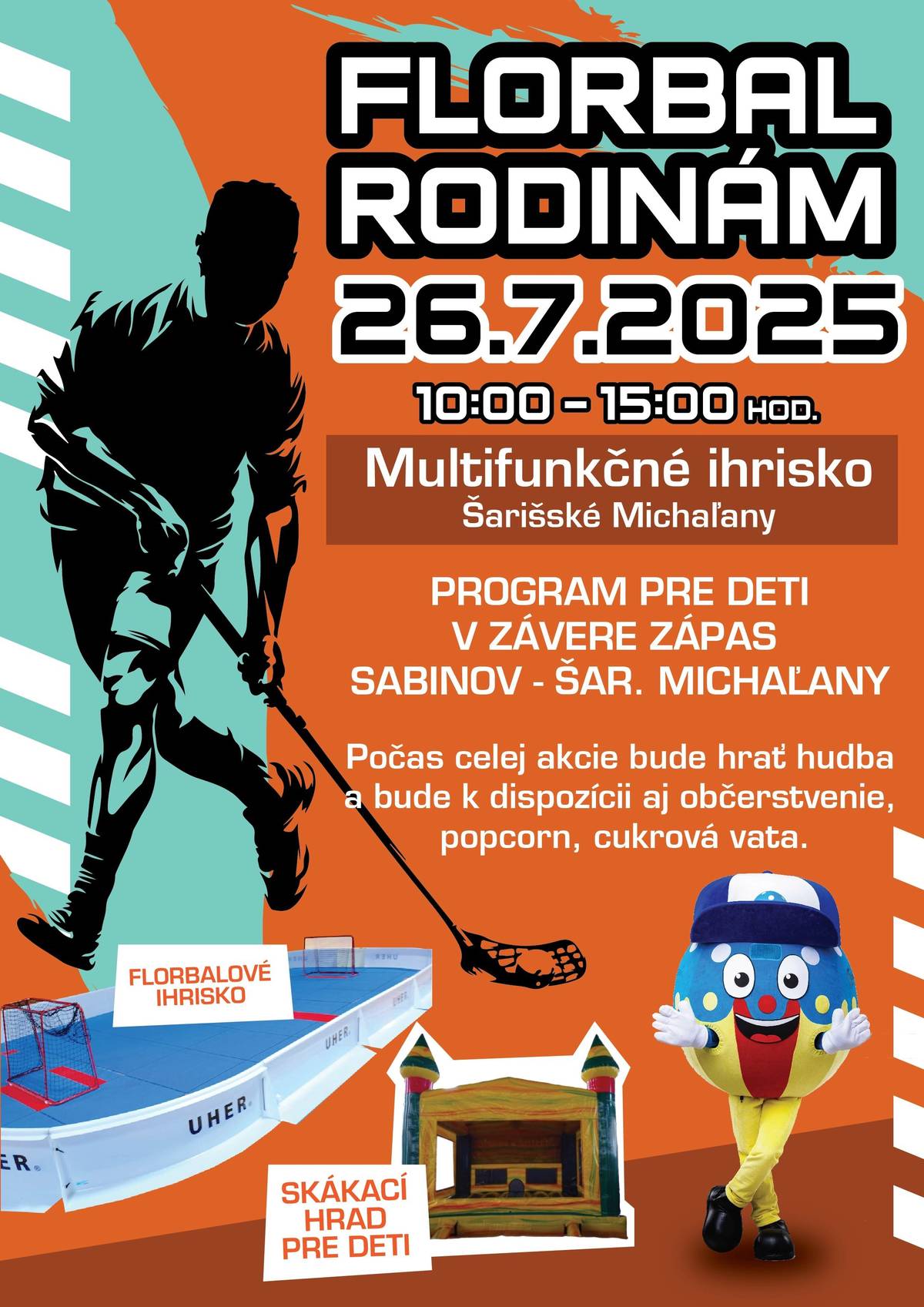 Srdečne Vás pozývame na akciu - Florbal rodinám, ktorá sa uskutoční 26. júla 2025 na multifunkčnom ihrisku. Podrobnejšie informácie nájdete na priloženom plagáte. Tešíme sa na Vašu účasť.