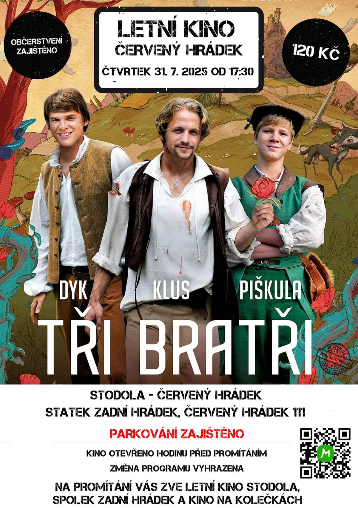 Vážení občané, zveme Vás na letní kino ve stodole na statku v Zadním Hrádku (Červený Hrádek čp.111), které se koná ve čtvrtek 31. července 2025. Akce začne pohádkou Tři bratři v 17:30 a večer zakončí film Kouzlo derby, který začne ve 20:00. Přijďte si užít příjemný večer s rodinou a přáteli v krásném prostředí! Více informací na plakátech.