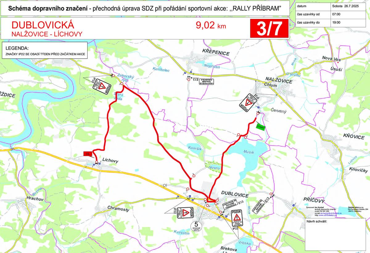 V sobotu 26.7. se koná tradiční Rally Příbram. Trasa RZ 3: Líchovy - Dublovice - Nalžovice (Červený). Úplná uzavírka komunikací je v době od 8:40 do 18:55 hodin.