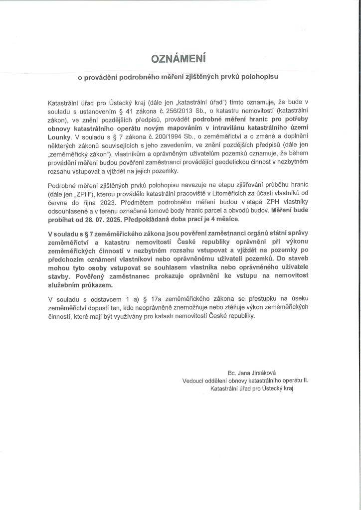 Katastrální úřad pro Ústecký kraj - oznámení o provádění měření zjištěných prvků od 28.7.2025