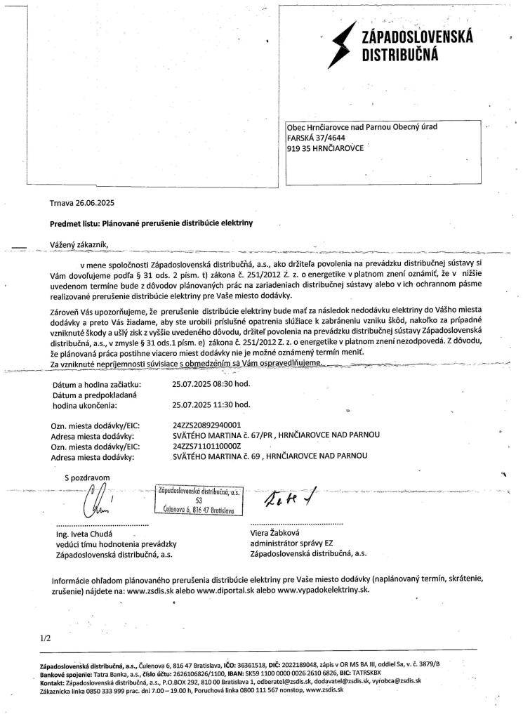 Odstávka elektrickej energie - Ulica Sv. Martina  od 08:30 do 11:30