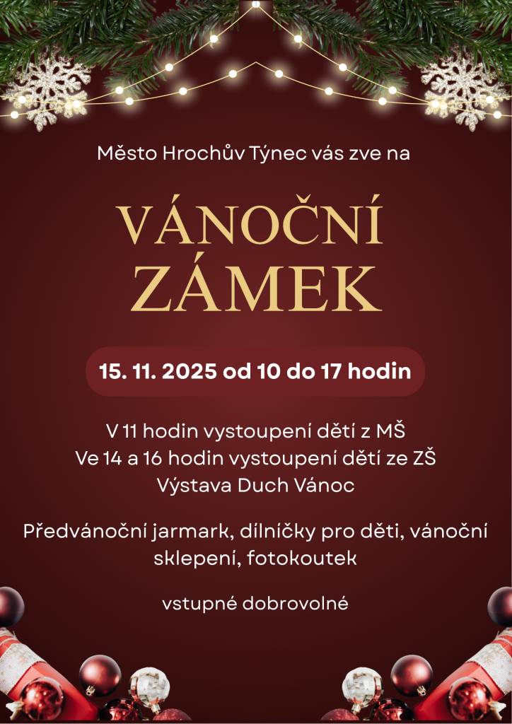 Poptáváme stánky na Vánoční zámek 15.11.2025. Sortiment hlavně vánoční,  svíčky, dekorace, svícny, ozdoby, proutěné zboží, výrobky z pedigu, jmelí....... Prosím email zamek@hrochuvtynec.cz. Hrochův Týnec Pardubický kraj.