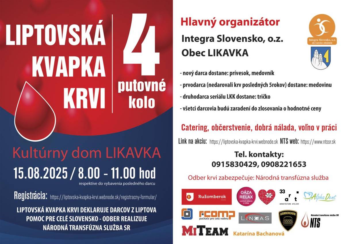15.8.2025 / 8:00 - 11:00 hod.  Kultúrny dom Likavka