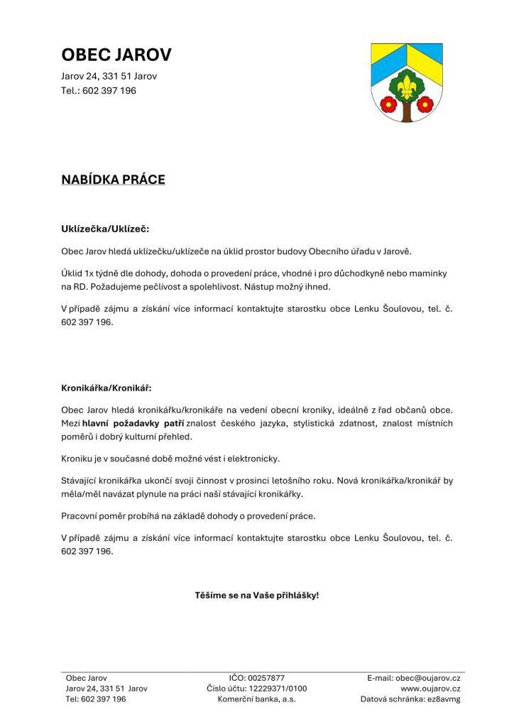 Obec Jarov hledá uklízečku/uklízeče a kronikářku/kronikáře.