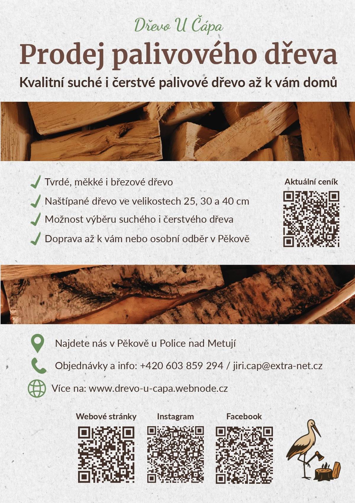 Dobrý den. Přinášíme vám možnost pořízení palivového dřeva. 🪵Tvrdé, měkké i březové dřevo. 🪵Naštípané dřevo ve velikostech 25, 30 a 40 cm. 🪵Možnost výběru suchého i čerstvého dřeva. 🪵Doprava až k vám nebo osobní odběr v Pěkově. Objednávky a info na: 📞 +420 603 859 294 ✏️ jiri.cap@extra-net.cz 🌐https://drevo-u-capa.webnode.cz OÚ Žďárky