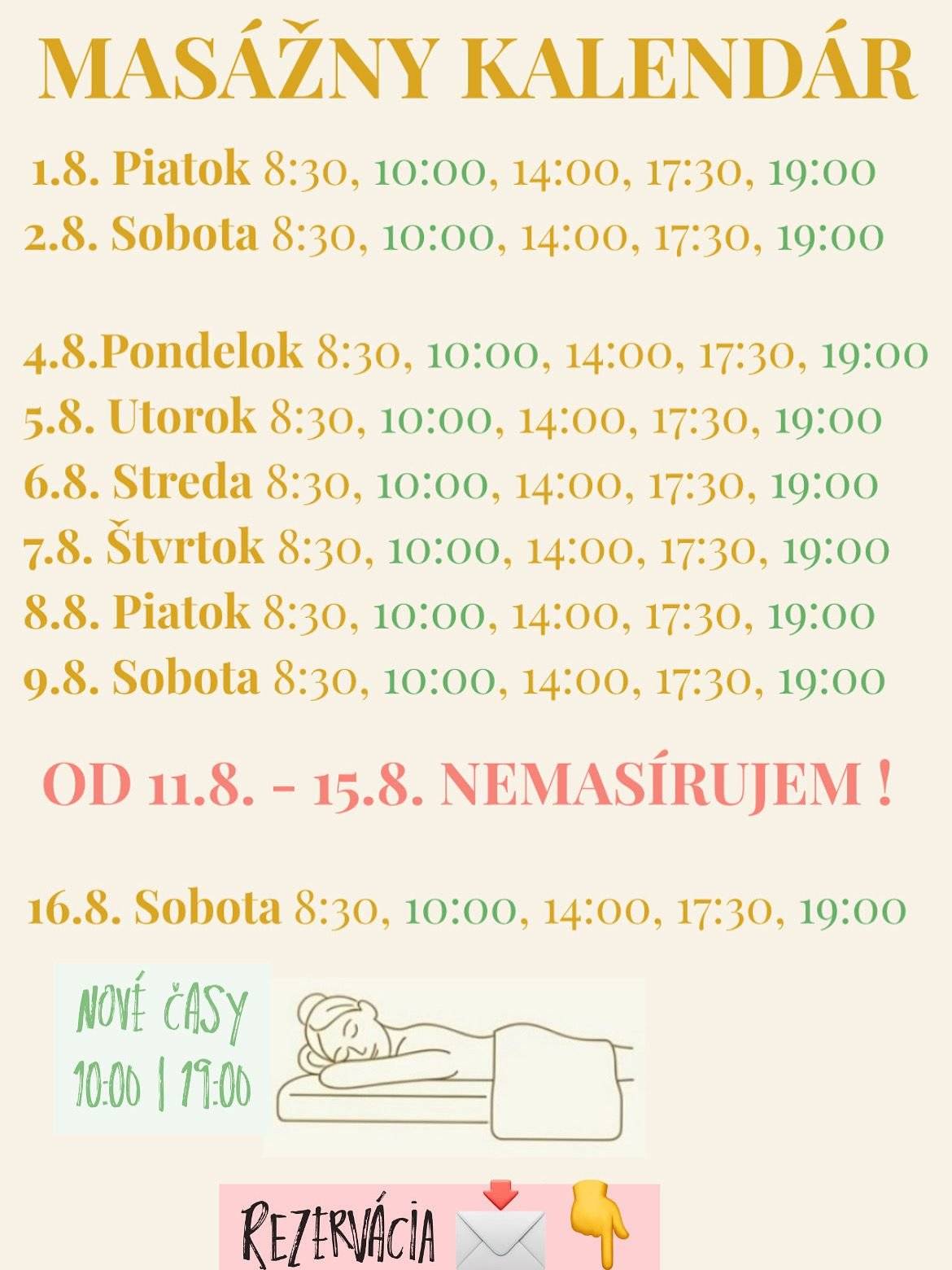 ✨ Dopraj si chvíľku pre seba ✨ 🌿 voľné AUGUSTOVÉ termíny na masáž 💆♀️ Hľadáš priestor na oddych, uvoľnenie napätia a chvíľku len pre seba? 🌸🤍 Pozri si aktuálny kalendár 🗓️ a vyber si termín, ktorý ti vyhovuje. Tvoje telo si zaslúži starostlivosť. 💫   📍 Čavoj 📩 Rezervácie cez správu alebo 📞 0902 141 615   #masaz #relax #cavoj #volneterminy #august #masaznaslovensku #caspreseba