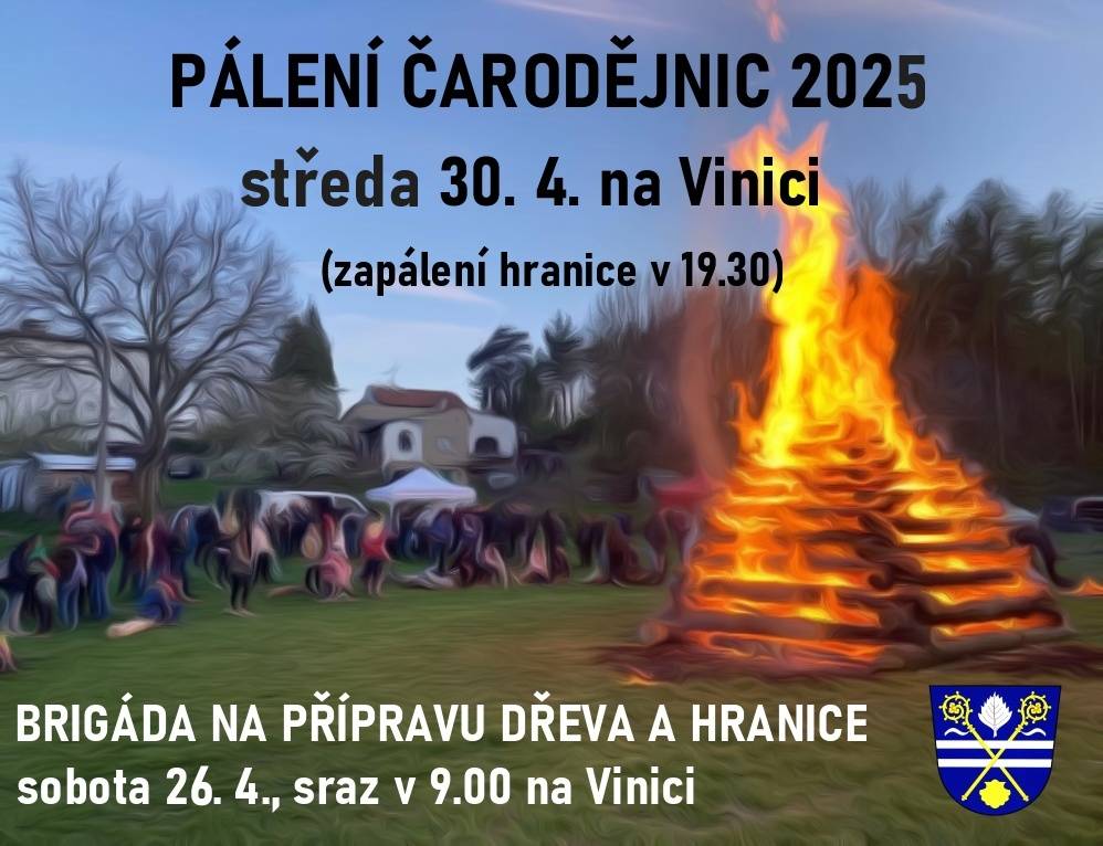 Pálení čarodějnic proběhne jako obvykle tradičně na Vinici, připraveno bude sezení, občerstvení, toaleta, malý táborák na opékání buřtů a velká hranice, kterou zapálíme kolem 19.30, až se trochu setmí.