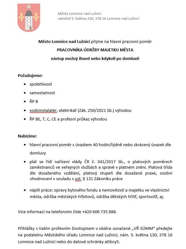 Město Lomnice n.L. přijme pracovníka technických služeb města