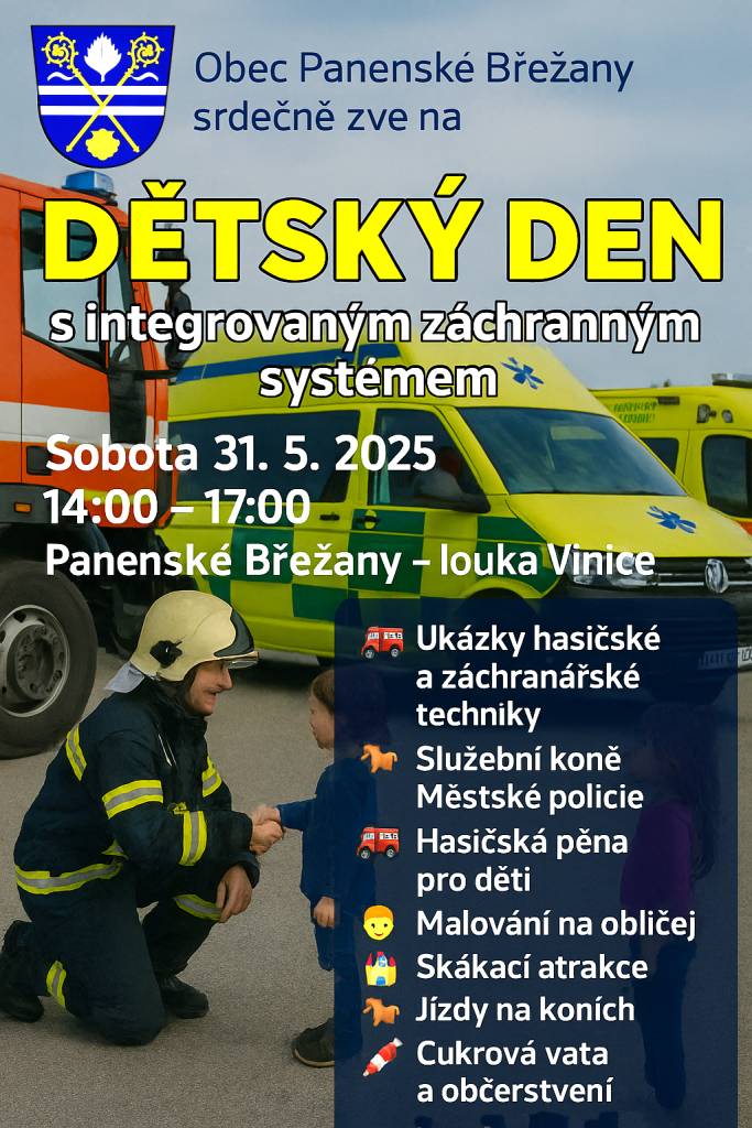 Srdečně zveme všechny malé i velké Břežaňáky na tradiční dětský den, letos ozvláštněný účastí několika složek integrovaného záchranného systému. Těšit se můžete na záchranářskou techniku, ale třeba i na ukázku služebních koní pražských strážníků.