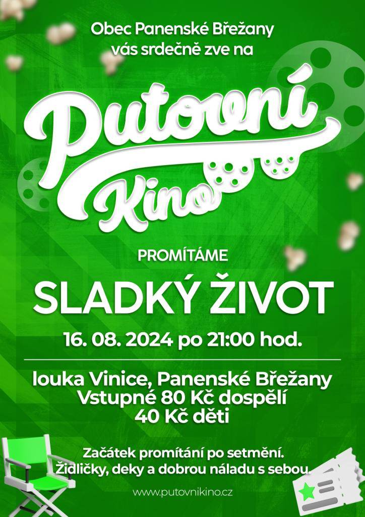 Břežanské filmové léto pokračuje v pátek 16. srpna 2024, ale pozor změna - tentokrát promítáme na Vinici! Na programu je letošní česká komedie Sladký život. Občerstvení na místě zajistí osvědčený pojízdný stánek manželů Holečkových.