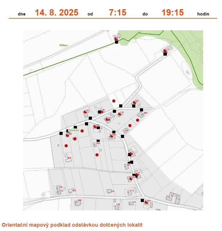 Dovolte, abychom Vás informovali o další plánovaném přerušení dodávky elektrické energie v katastru Vaší obce dne 14. 8. 2025 od 7:15 do 19:15 v rozsahu uvedeném v příloze této zprávy (PASEKY) Jedná se o: č. p. 37, 38, 39, 75, 152, 159, 175, 182, 269, 280, 310, 356, 369 a parcelní č. 1070/1, 1071, 1080/8, 1080/16, 1090, 1132/1, 1132/5, 1148/24  Přerušení dodávky elektrické energie je nutné z důvodu plánovaných prací na distribuční soustavě, které jsou nezbytné pro zajištění bezpečných a spolehlivých dodávek elektřiny.