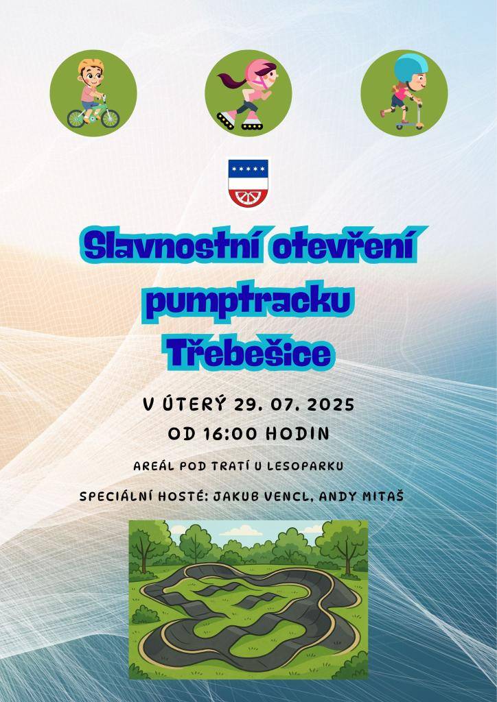 V úterý 29.7.2025 od 16 hodin v lesoparku pod tratí slavnostně otevřeme Pumptrack Třebešice. Speciální hosté Jakub Vencl a Andy Mitaš předvedou show na kolech. Připraveno bude malé občerstvení. Přijďte se podívat!