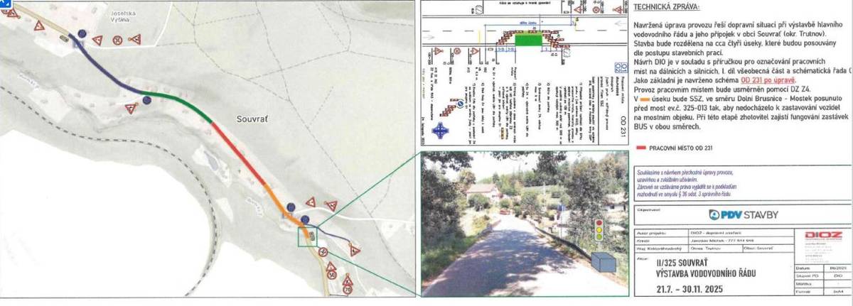 Na silnici č. II/325 v k. ú. Souvrať začala výstavba vodovodního řadu a přípojek, což si vyžaduje úpravu provozu. Doprava je v místě prací svedena do jednoho jízdního pruhu a řízena semafory.