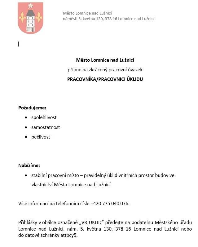 Město Lomnice n.L. přijme pracovníka úklidu