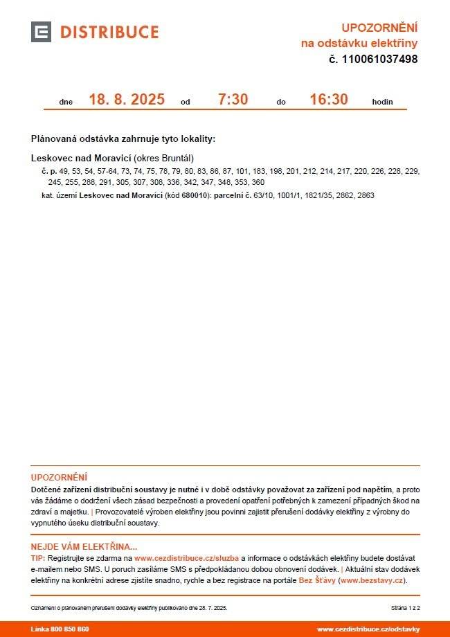 Plánované přerušení dodávky elektrické energie v katastru obce Leskovec nad Moravicí z důvodu prací na distribuční soustavě. https://www.leskovecnadmoravici.eu/urad-2/uredni-deska/upozorneni-na-odstavku-elektriny-od-hlavni-krizovatky-smer-horni-benesov-920.html?kshow=3