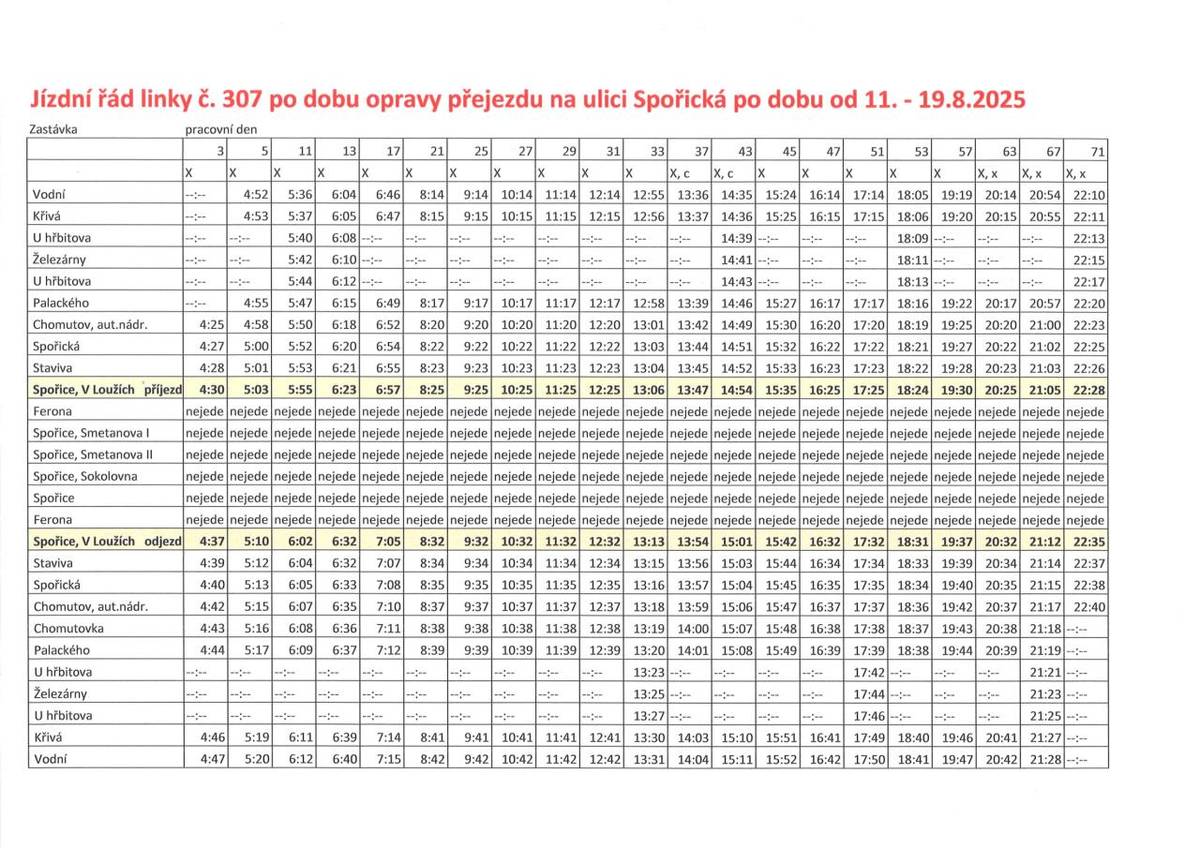 Dočasný jízdní řád linky 307 po dobu opravy železničního přejezdu na Spořické ulici.
