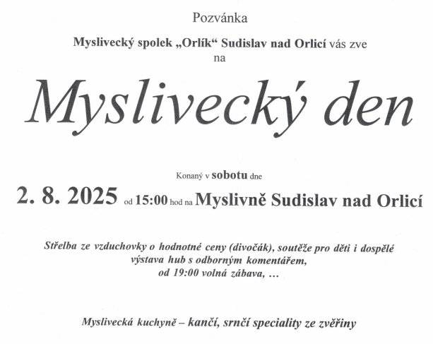 Myslivna Sudislav, 2.8. od 15.00